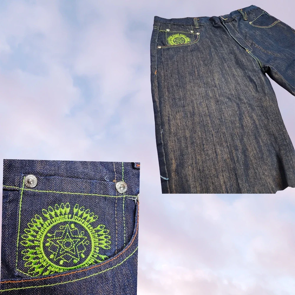 Y2k Imperious Mens Dark Black Wash AOP Baggy Colorful Embroidered Shorts 40 - Picture 3 of 6